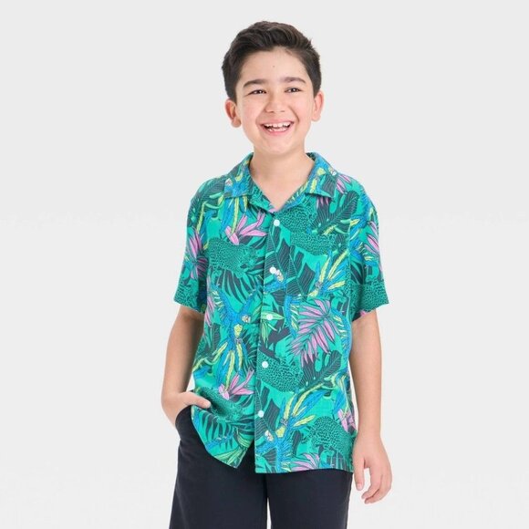 NWT Boys' XS (4/5) Short Sleeve Printed Button-Down Shirt - Cat & Jack Green XS - Picture 5 of 5